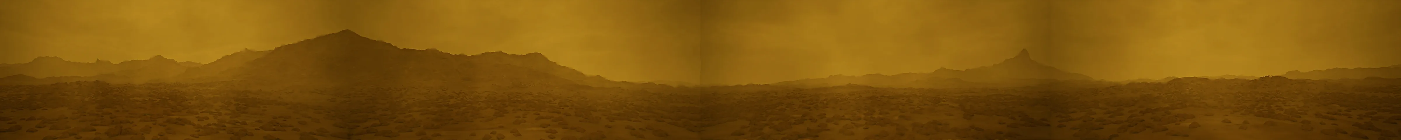 Venus surface panorama: a sulphur-yellow plain under a heavy sky